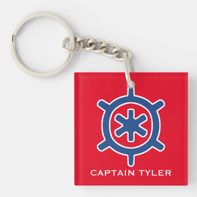 Nautical Blue Ship Captain's Helm Wheel Custom Keychain (Front)