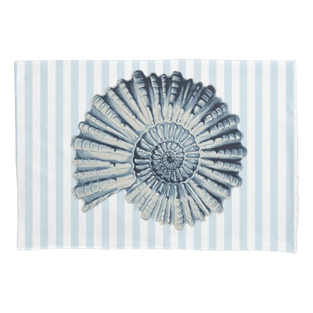 Nautical Blue Spiral Shell & White Stripes Pillowcase (Front)