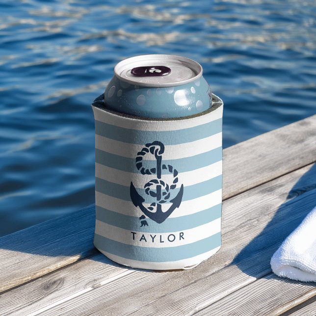 Nautical Blue Stripe & Navy Anchor Personalized Can Cooler (Creator Uploaded)