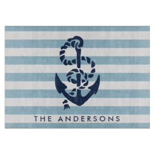 Nautical Blue Stripe & Navy Anchor Personalized Cutting Board