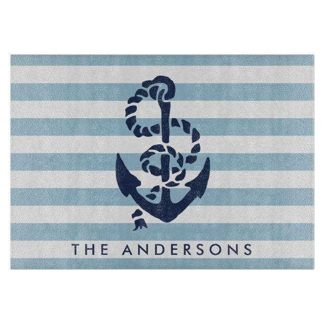 Nautical Blue Stripe & Navy Anchor Personalized Cutting Board (Front)