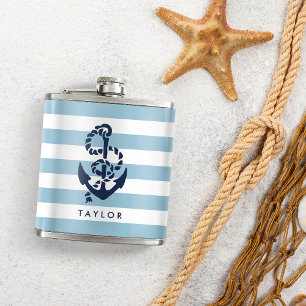 Nautical Blue Stripe & Navy Anchor Personalized Hip Flask