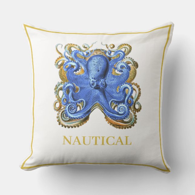 Nautical Blue Stripe Octopus Boat Beach House Outdoor Pillow (Front)