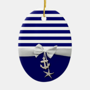 Nautical blue stripe white ribbon & charms graphic ceramic ornament