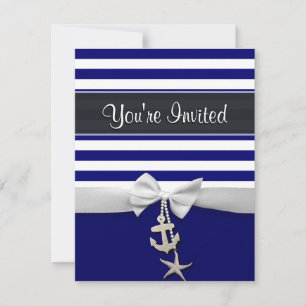 Nautical blue stripe white ribbon & charms graphic invitation