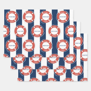 Nautical Blue Striped Custom Name Birthday Wrapping Paper Sheet