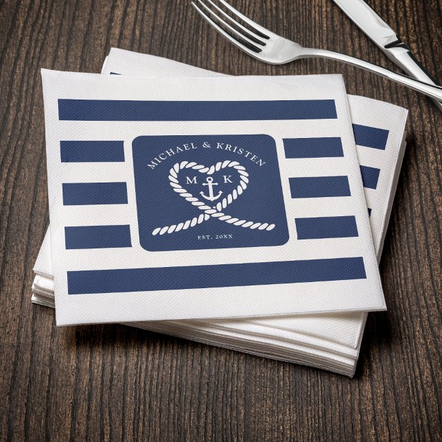 Nautical Blue Striped Heart Anchor Wedding  Napkin (Nautical Blue Striped Heart Anchor Wedding Napkins
)