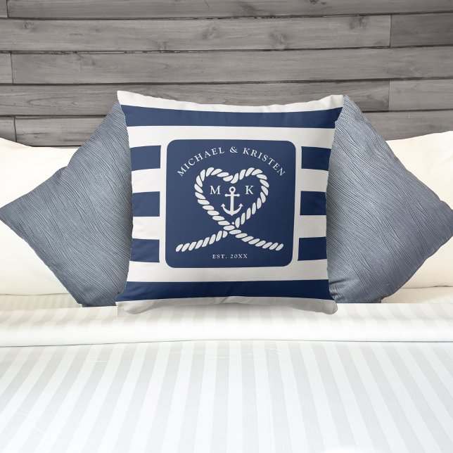Nautical Blue Striped Heart Anchor Wedding  Throw Pillow (Nautical Blue Striped Heart Anchor Wedding Throw Pillow)