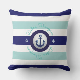 nautical blue striped & personalized throw pillow