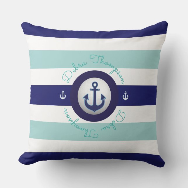 nautical blue striped & personalized throw pillow (Front)
