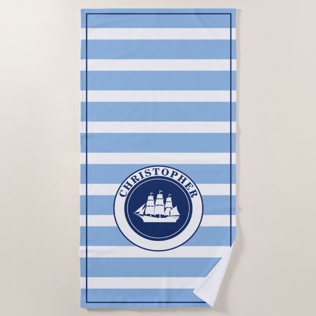 Nautical Blue Striped Sailing Ship Monogrammed Beach Towel (Front)
