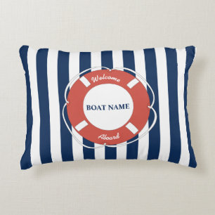 Nautical Blue Striped Welcome Aboard Boat Name Accent Pillow