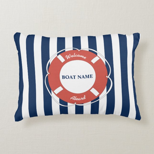 Nautical Blue Striped Welcome Aboard Boat Name Accent Pillow (Front)