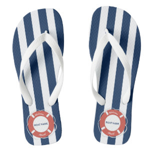 Nautical Blue Striped Welcome Aboard Boat Name Flip Flops