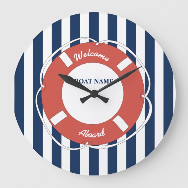 Nautical Blue Striped Welcome Aboard Boat Name  Large Clock (Front)