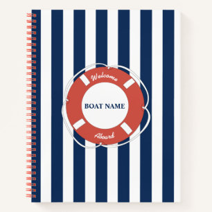 Nautical Blue Striped Welcome Aboard Boat Name  Notebook