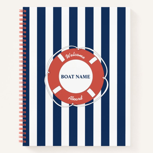 Nautical Blue Striped Welcome Aboard Boat Name  Notebook (Front)