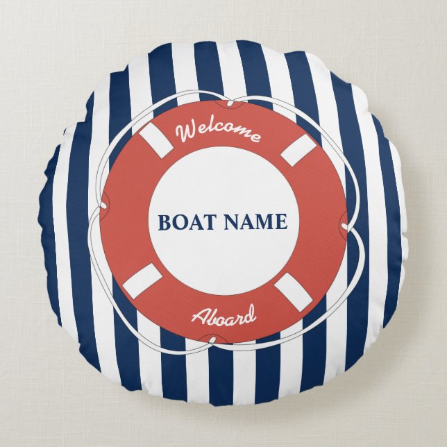 Nautical Blue Striped Welcome Aboard Boat Name Round Pillow (Front)