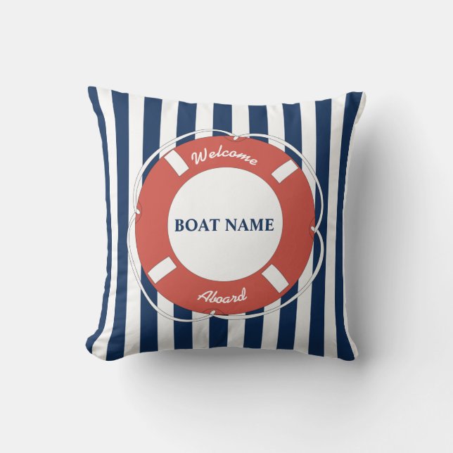 Nautical Blue Striped Welcome Aboard Boat Name Throw Pillow (Front)