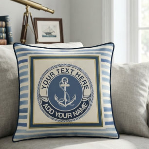 Nautical Blue Stripes Anchor Custom Monogram Throw Pillow