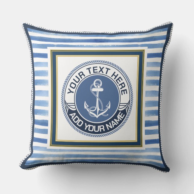 Nautical Blue Stripes Anchor Custom Monogram Throw Pillow (Front)