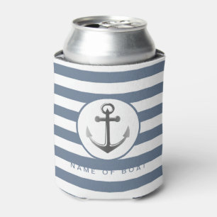 Nautical Blue Stripes Anchor Your Boat Name Can Cooler