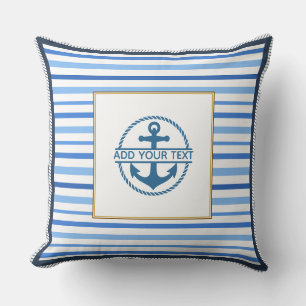 Nautical Blue Stripes and Anchor Throw Pillow