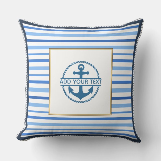  Nautical Blue Stripes and Anchor  Throw Pillow (Front)