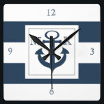 Nautical Blue Stripes and Anchor with Monogram Square Wall Clock<br><div class="desc">Bold navy blue and white stripes with anchor and monogram.  Personalize as preferred.</div>
