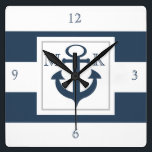Nautical Blue Stripes and Anchor with Monogram Square Wall Clock<br><div class="desc">Bold navy blue and white stripes with anchor and monogram.  Personalize as preferred.</div>