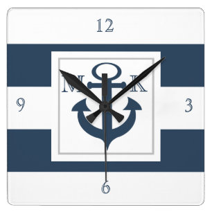 Nautical Blue Stripes and Anchor with Monogram Square Wall Clock