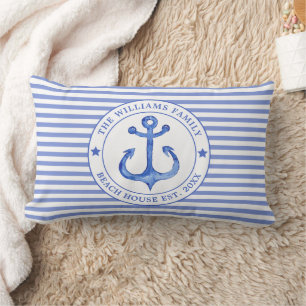 Nautical Blue Stripes - Family Beach House Lumbar Pillow
