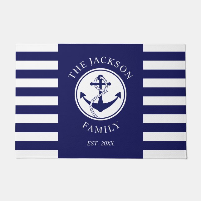 Nautical Blue Stripes Family Name Doormat (Front)