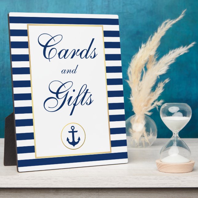 Nautical Blue Stripes Gold Wedding Cards Gifts Plaque (Side)