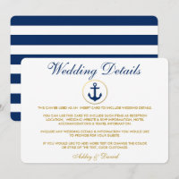 Nautical Blue Stripes Gold Wedding Details Insert