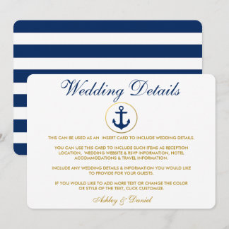 Nautical Blue Stripes Gold Wedding Details Insert Invitation