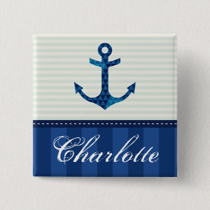 Nautical Blue Stripes Pattern Anchor Custom Name 2 Inch Square Button