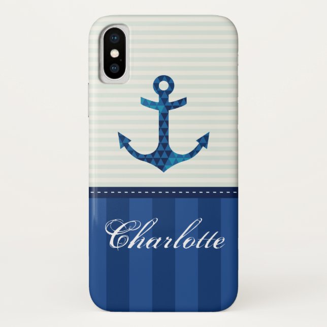 Nautical Blue Stripes Pattern Anchor Custom Name Case-Mate iPhone Case (Back)