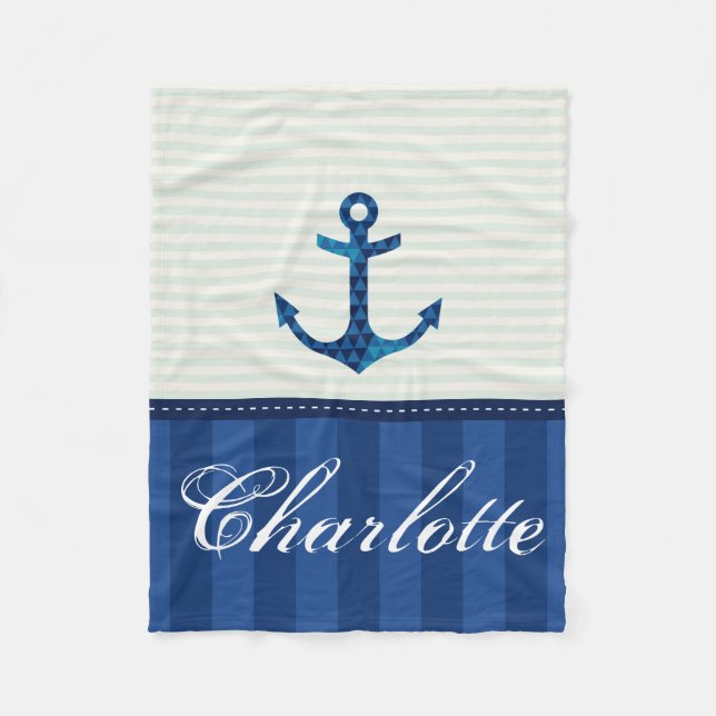 Nautical Blue Stripes Pattern Anchor Custom Name Fleece Blanket (Front)