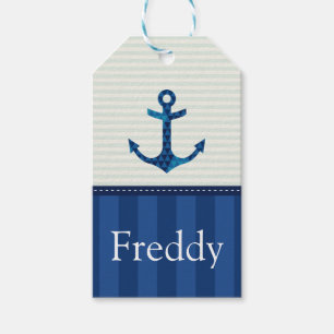 Nautical Blue Stripes Pattern Anchor Custom Name Gift Tags