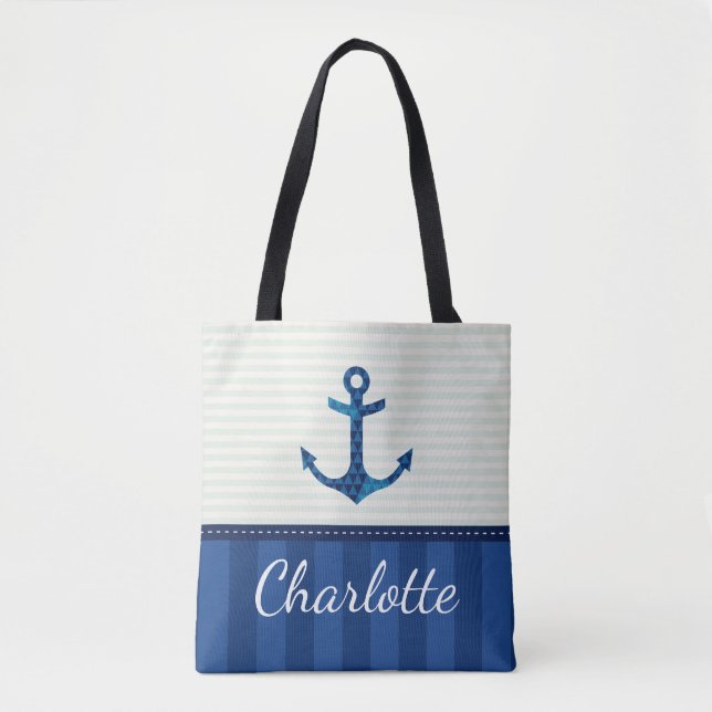 Nautical Blue Stripes Pattern Anchor Custom Name Tote Bag (Front)