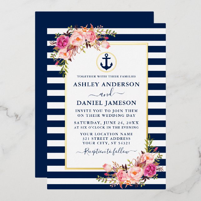 Nautical Blue Stripes Watercolor Pink Floral Gold (Front/Back)