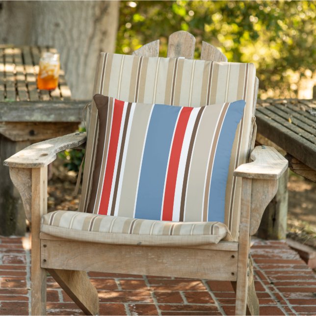 Nautical Blue Taupe Dark Brown Red White Stripes Outdoor Pillow (Chair)