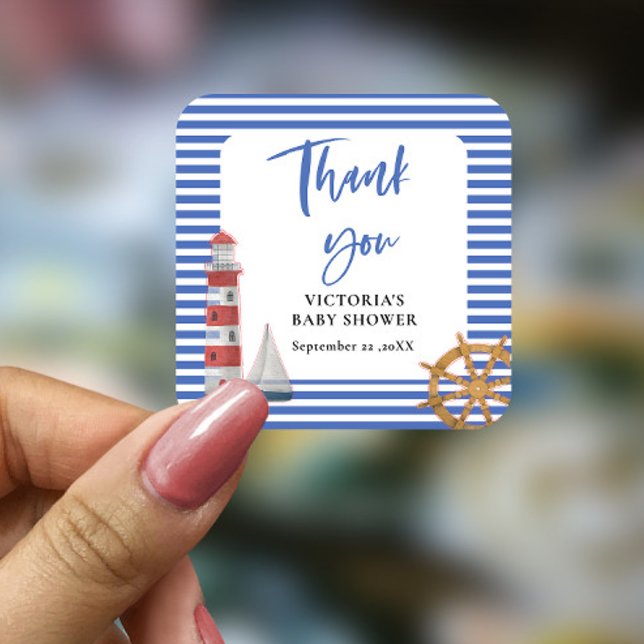 Nautical Blue Thank you Baby Shower Square Sticker (Creator Uploaded)