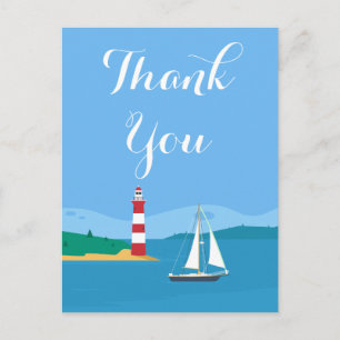 Nautical Blue Thank You Lighthouse & Sailboat Postcard