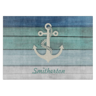Nautical Blue Turquoise Distressed Wood Anchor Cutting Board