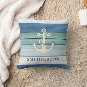 Nautical Blue Turquoise White Anchor Ocean Beach Throw Pillow