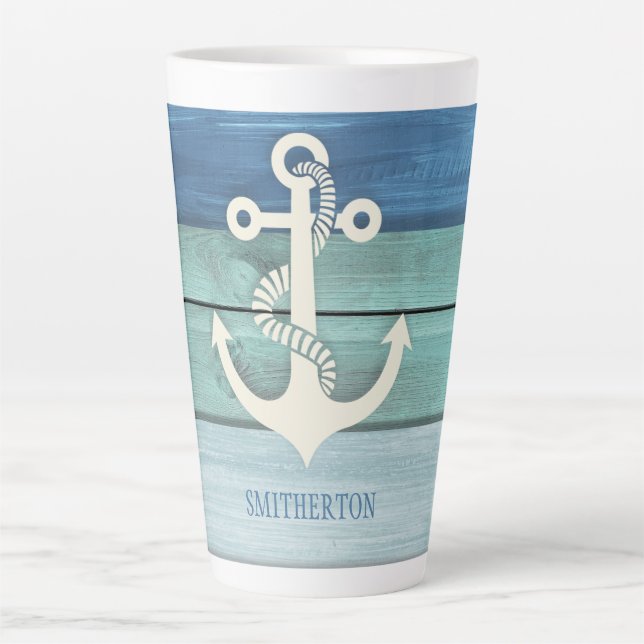 Nautical Blue Turquoise Wood Anchor Latte Mug (Front)