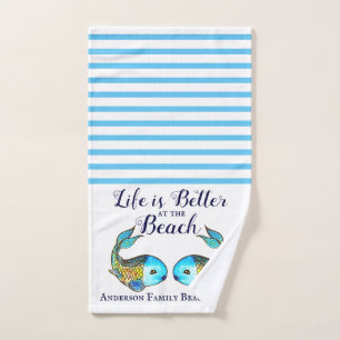 Nautical Blue Watercolor Fish Family Beach House Hand Towel