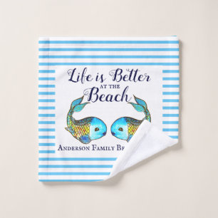 Nautical Blue Watercolor Fish Family Beach House Wash Cloth